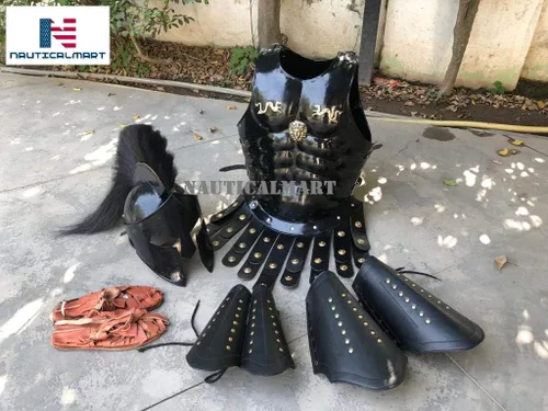 Vista 4 de Nautical-Mart - Conjunto de coronas de armadura muscular negra con casco, pierna y brazo guardia medieval de Halloween
