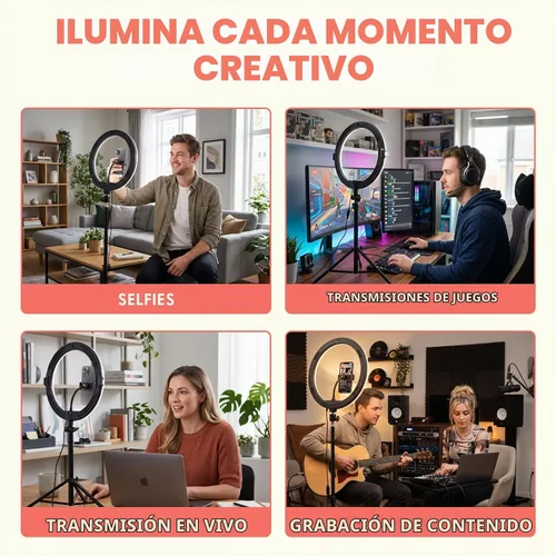 Vista 6 de SQUATZ Anillo de luz LED de 11 pulgadas para selfie de 12 W con control por cable, 3 modos de color, 10 niveles de brillo, soporte de trípode con 6