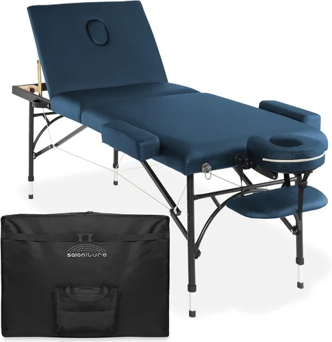 Vista 10 de Saloniture Mesa de masaje profesional portátil ligera de tres pliegues con patas de aluminio, incluye reposacabezas, soporte facial, reposabrazos