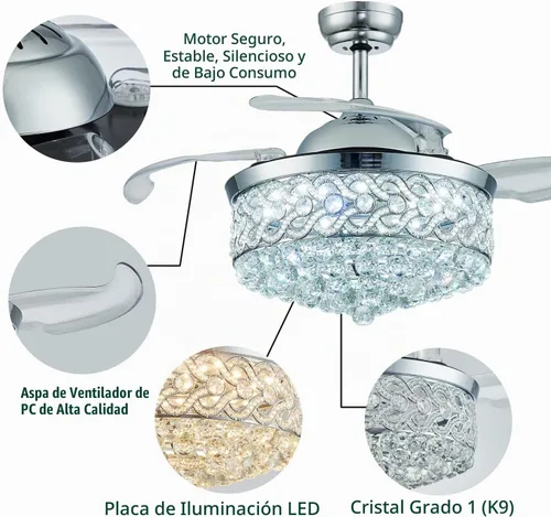 Vista 4 de DuMaiWay Ventilador de techo de araña de 48 pulgadas, moderna lámpara de cristal retráctil con hoja invisible LED con control remoto