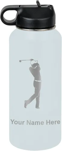 Vista 13 de LaserGram Botella de agua personalizada, golfista de golf, acero inoxidable de doble pared aislada al vacío con popote superior, regalo grabado Negro