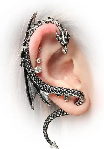 Vista 2 de Aneneiceera Aretes de oreja de dragón gótico, aretes dorados de dragón trepador, aretes largos de dragón exagerado, aretes de clip de cartílago