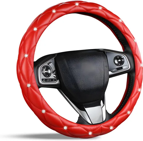 Vista 7 de Bonita funda negra brillante para volante de automóvil, suave, transpirable, antideslizante, de piel sintética, con diamantes de imitación
