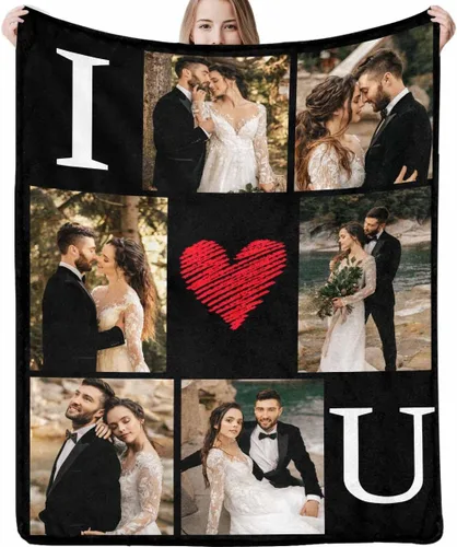 Vista 15 de Manta de fotos personalizada, manta de pareja de boda, con texto en inglés «He Asked And She Said Yes», 4 fotos, manta de boda, regalo romántico