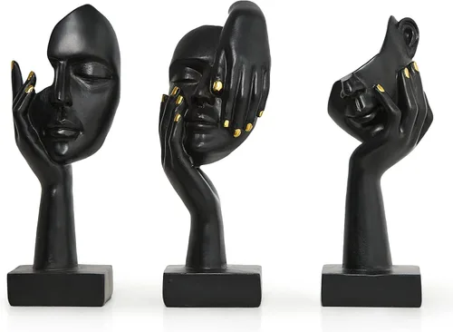Vista 10 de 3 piezas de estatuas de oración de decoración negra, figuras modernas de oración de paz, detalles de decoración de estantes, escultura de arte