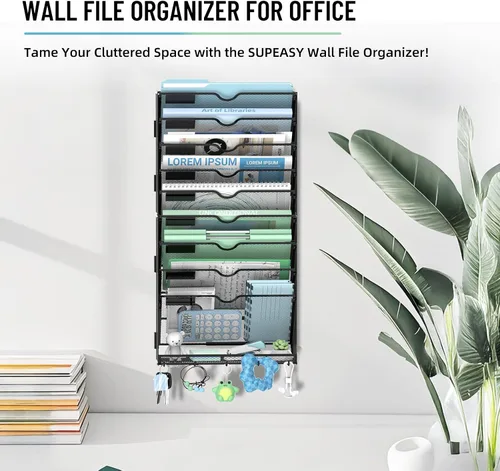 Vista 2 de Organizador de archivos de pared de 10 niveles con ganchos Negro