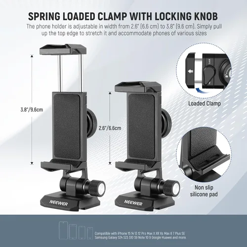 Vista 3 de Adaptador de montaje de trípode para teléfono Neewer con base tipo Arca QR, zapata fría, agujeros de 1/4" y 3/8", giro de 360° y inclinación