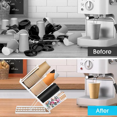 Vista 4 de ShineMe Soporte para taza de café para encimera, dispensador de tazas de metal ajustable y tapa con organizador de pajita, organizador de 4