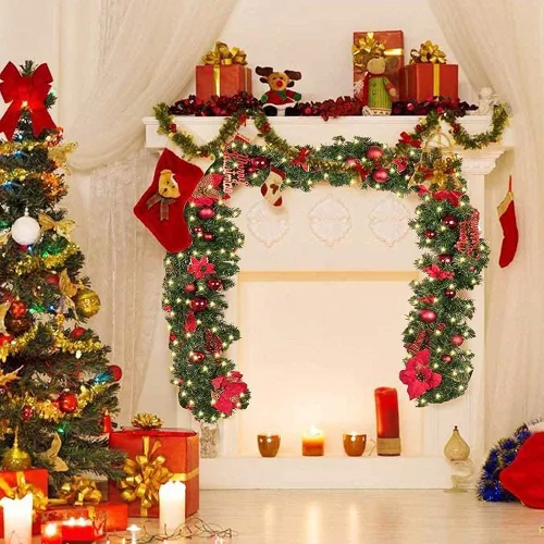 Vista 5 de Guirnalda de Navidad iluminada – 8.8 pies, de ratán, de Navidad, flores artificiales y vid artificiales de Navidad, con luces, funciona