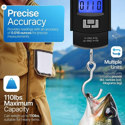 Vista 5 de Flexzion Báscula digital para colgar – Báscula portátil de equipaje de 110 lb/50 kg y báscula de pescado con retroiluminación electrónica LCD