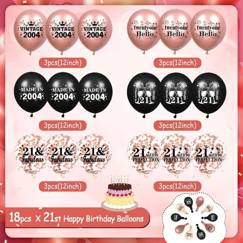 Vista 4 de Globos de cumpleaños número 21, 18 globos de oro rosa y negro 2004, decoraciones de fiesta de cumpleaños 21 para mujeres, globos de látex de confeti