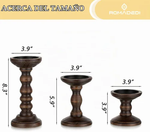 Vista 3 de Romadedi - Portavelas de madera para pilar, marrón oscuro, juego de 3 Portavelas rústico vintage, decoración de soporte de vela de granja