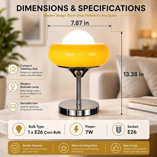 Vista 7 de Lámpara de mesa de cristal naranja quemado con huevo de tarta de huevo, luz de escritorio cromada con pantalla de globo, accesorio de iluminación