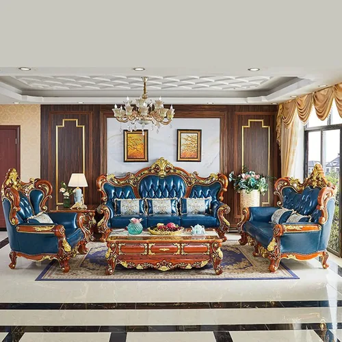 Vista 2 de Sofá de cuero de estilo europeo, sofá de lujo de estilo americano tallado en madera maciza, muebles de sala de estar, sofá individual combinado es
