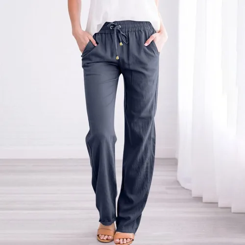 Vista 2 de Zhensanguo Pantalones de pierna ancha para mujer, pantalones de lino para mujer, de algodón y lino, con cordón elástico, cintura elástica