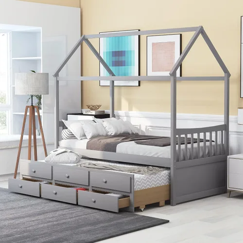 Vista 13 de Cama de madera maciza tamaño individual con techo, nido, 3 cajones de almacenamiento, sofá cama de plataforma para muebles de dormitorio, sala