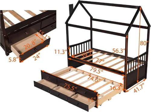 Vista 2 de Cama de madera maciza tamaño individual con techo, nido, 3 cajones de almacenamiento, sofá cama de plataforma para muebles de dormitorio, sala
