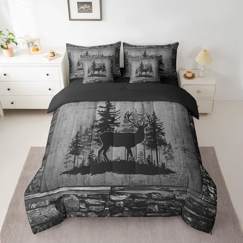 Vista 87 de Feelyou Juego de edredón de ciervo con sábanas – Tamaño Queen 7 piezas Juego de ropa de cama infantil de caza rústica – Cama de ciervo de cabaña