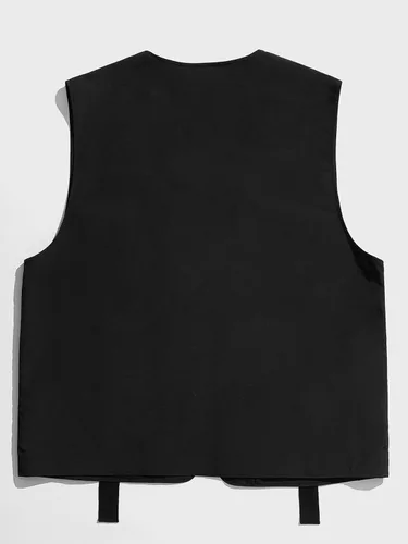 Vista 5 de OYOANGLE Chaleco tipo cargo sin mangas con cuello en V y cremallera para hombre con bolsillos con solapa