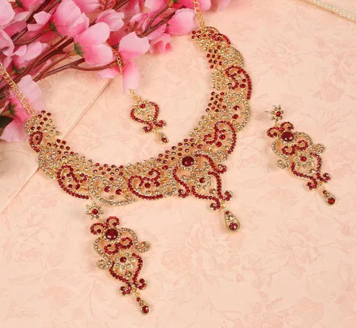 Vista 130 de Conjunto precioso de collar con look real Indian Bollywood, maravillosamente decorado, conjunto de collar adornado para mujer.