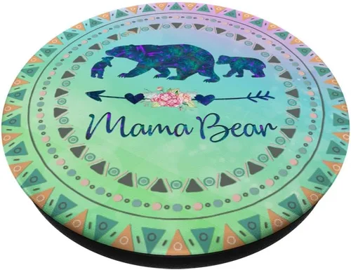 Vista 2 de Bohemio Boho Mama Bear Dos bebés cachorros en rosa verde azul PopSockets Swappable PopGrip