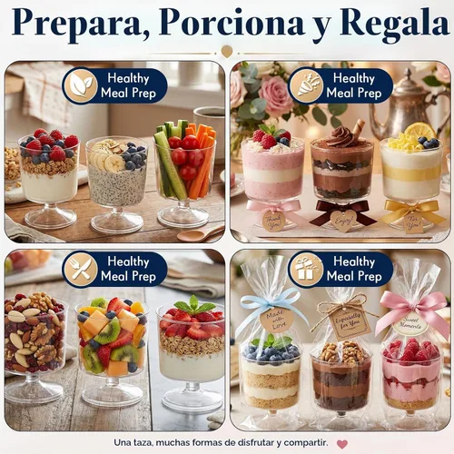 Vista 4 de Dandat 100 mini tazas de postre de 2 onzas con 100 cucharas de plástico transparente, tazones de mousse con pies y pedestal de frutas, parfait