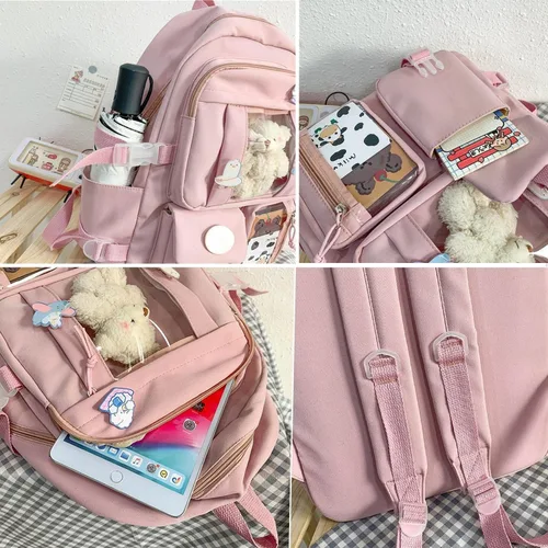 Vista 5 de MARINASUKA Mochila kawaii preciosa mochila pastel con pin Kawaii y accesorios estéticos para estudiantes adolescentes y niñas, Rosado, Mochila