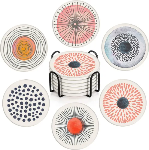 Vista 9 de Britimes Juego de portavasos de mesa para bebidas de 6 piezas, lindo diseño vintage musical retro geométrico absorbente de café redondo de cerámica