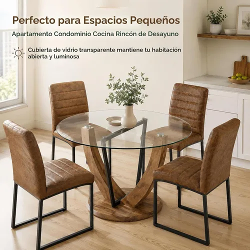 Vista 9 de Juego de mesa de comedor redonda de vidrio de 48 pulgadas para 4 Marrón 011