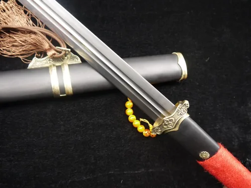Vista 9 de Espada china/Tang jian/hoja de acero de Damasco/vaina de madera negra/accesorios de latón/espiga completa/longitud: 39 pulgadas