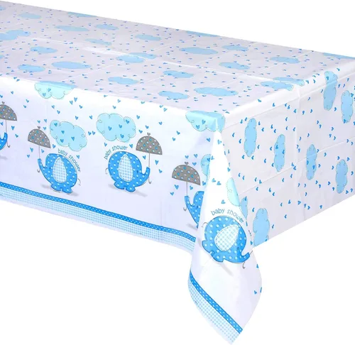 Vista 2 de Mantel de plástico para baby shower con diseño de elefante azul, 84 x 54 pulgadas