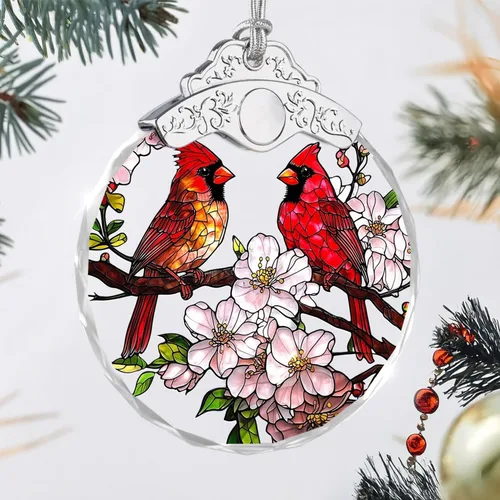 Vista 2 de Adornos de Navidad – Pájaros Cardenales y Flores Ornamento de Vidrio Emplomado – Decoración Navideña – Adornos para Árbol de Navidad – Regalos