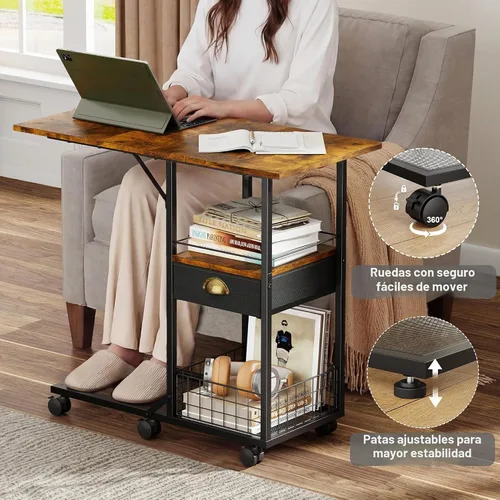 Vista 4 de Mesa de centro rodante con parte superior de madera doble ancha de gran tamaño, bandeja de TV móvil con cajón de almacenamiento y ruedas para sofá