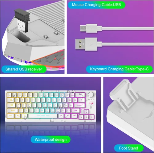 Vista 7 de FELICON Combo de teclado y mouse inalámbricos de 2.4G, teclado mecánico TKL retroiluminado RGB y mouse iluminado de 7 colores, alfombrilla de mouse