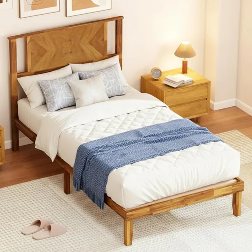 Vista 11 de KOMFOTT Base de cama de plataforma de madera de tamaño completo con cabecero, marco de cama de madera de mediados de siglo de 16 pulgadas