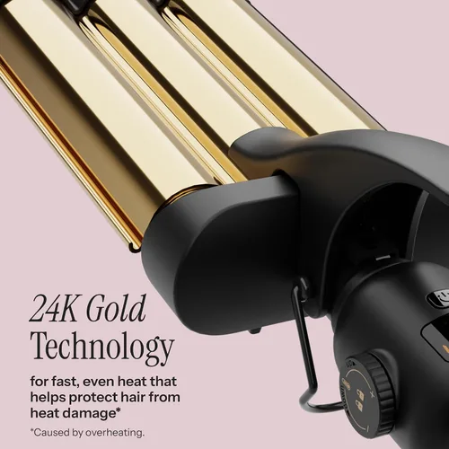 Vista 2 de Hot Tools Pro Artist - Onduladora digital de 3 barriles de oro de 24 quilates, ondas definidas de larga duración (tamaño gigante)