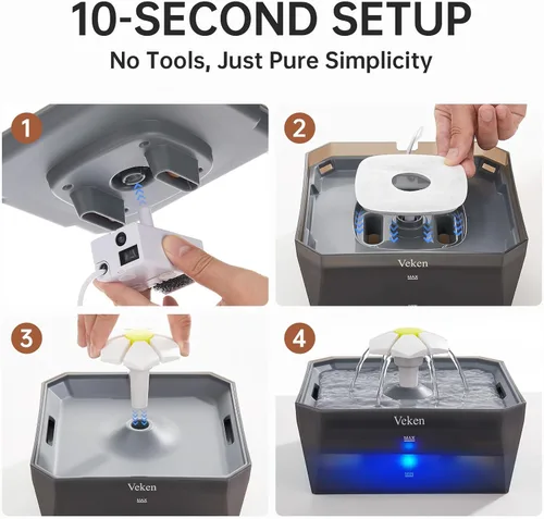 Vista 6 de Veken Fuente de agua para gatos pequeña apta para mascotas con bomba silenciosa, fácil de limpiar y montar, mini dispensador de agua para mascotas