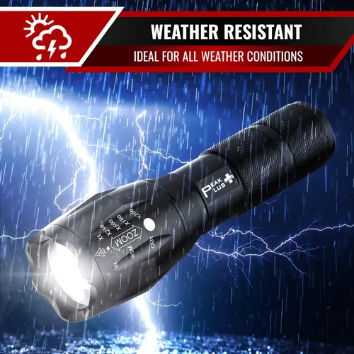 Vista 3 de PeakPlus Linternas LED de alto lúmenes, luces tácticas de flash [4 unidades] – Super brillante impermeable zoomable 5 modos – Potente linterna