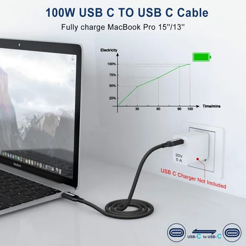 Vista 2 de AkoaDa Cable USB C a USB C de 100 W de 10 pies, 2 unidades, cable de carga rápida USBC de 5A para iPhone 17, 16, 15 Pro Max, Galaxy S25 FE S25 Ultra