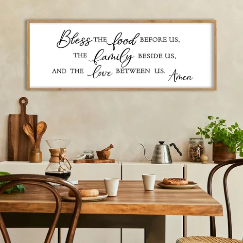 Vista 14 de LuZhiQiang Arte de pared para comedor 81,3×30,5 cm "Bless The Food Before Us" Letrero cristiano para cocina, cita familiar agradecida, cuadro grande