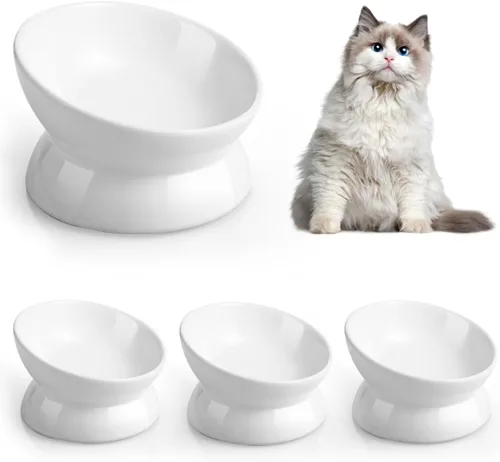 Vista 10 de LoeJan Tazón Elevado para Comida de Gatos, Tazón de Agua de Cerámica Elevado e Inclinado de 5 Oz, Platos Anti Vómito que Protegen la Columna
