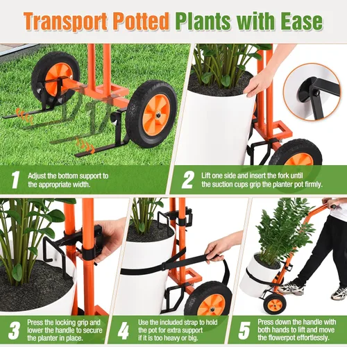 Vista 5 de Carrito de plantas con ruedas, carrito de mudanza de plantas resistente con brazo de agarre ajustable y correa, carrito de plantas con mango en T