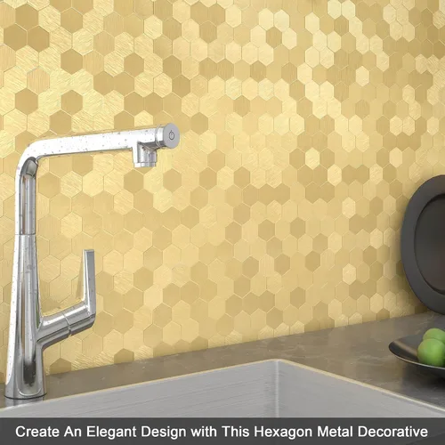 Vista 3 de BeNice Pelar y pegar Backsplash Cocina Hexágono Metal Azulejo Oro 5pcs Dorado