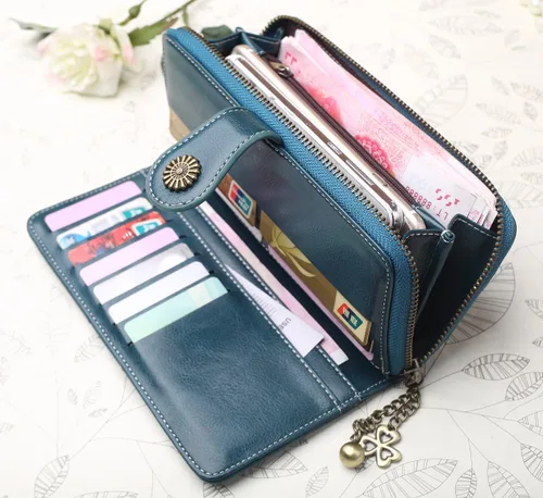 Vista 6 de Cartera con tarjetero para mujer, con bloqueo RFID, gran capacidad, de lujo, cera, embrague, Negro -, Cuero