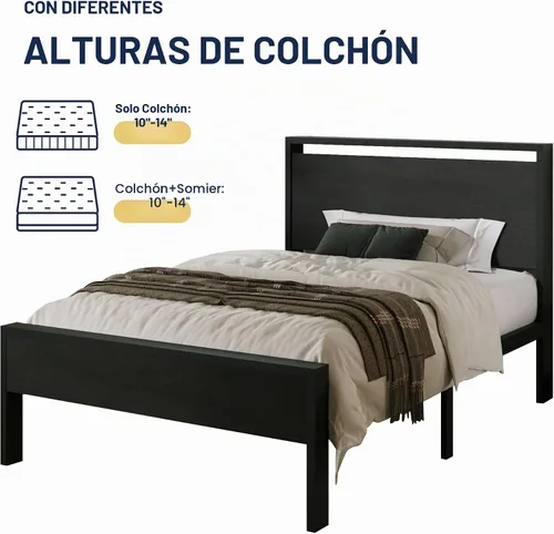 Vista 7 de Base de cama Allewie de tamaño individual con cabecero y pie de cama de madera, soporte de listones de metal resistentes, no requiere somier