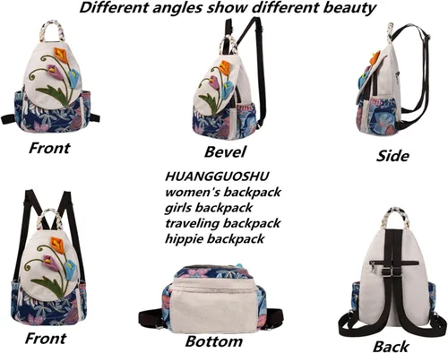 Vista 131 de HUANGGUOSHU Mochila de algodón tejida de algodón bohemio con bordado de lona estilo bohemio con múltiples bolsillos retro linda mochila cartera
