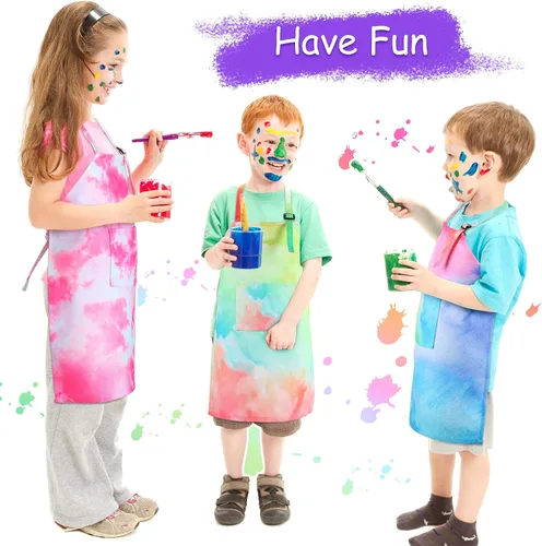 Vista 7 de SATINIOR Paquete de 3 delantales para niños, diseño de arco iris, teñido anudado, con bolsillos, ajustables, para cocina, jardinería, pintura