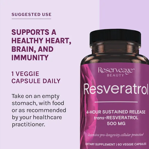 Vista 5 de Reserveage Beauty, Resveratrol 500 MG, suplemento antioxidante Trans-Resveratrol para la salud cardíaca y celular, apoya el envejecimiento saludable