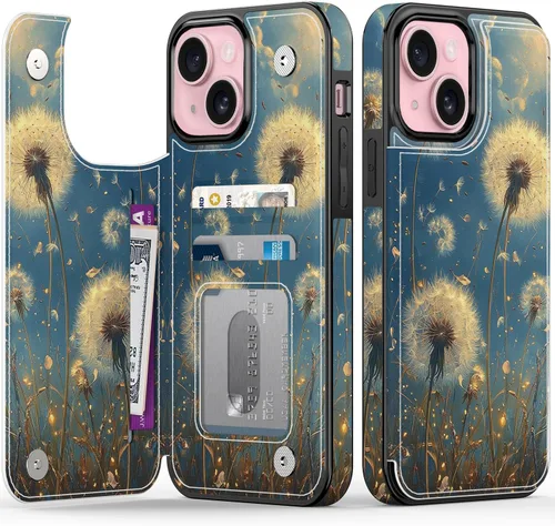 Vista 18 de FUNMIKO Funda tipo cartera para iPhone 15 con tarjetero + clip para efectivo, bloqueo RFID, protección contra caídas de grado militar y obras