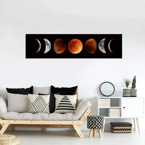 Vista 4 de Ohhvvow Pintura de Arte de Pared de Fases Lunares, 47L x 11.8W Negro y Leonado Arte de Pared de Lienzo Abstracto Moderno para Decoración de Sala